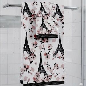 Kassafina Home Paris Eiffel Tower Bath & Hand Towel Pink Floral Bonjour 2 Pc Set